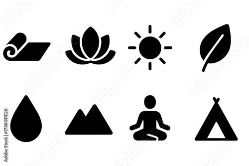 Outdoor Yoga Icons. Outdoor yoga or wellness retreat for summer. Filled icon set of outdoor yoga or wellness