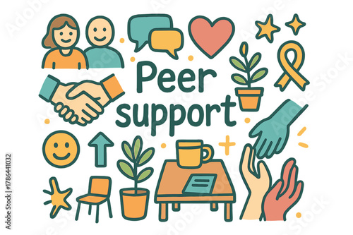Peer Support Doodle. Peer support. Hand-drawn doodle illustration of peer support. People, handshake, heart,