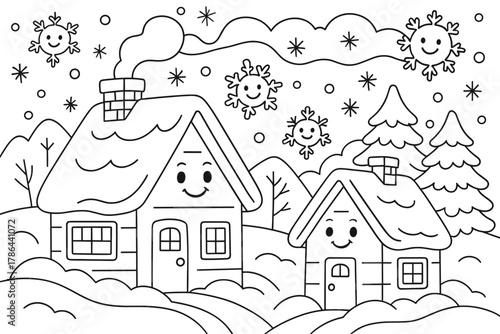 Snowy Coloring Adventure. Snowy landscape homes children?s coloring book illustration, outlined drawing,