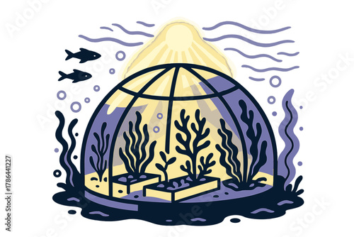 Underwater Greenhouse Glow. Submerged Greenhouse. A glass dome underwater hosts marine plants and algae