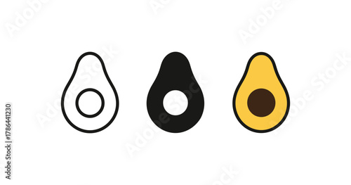 Minimalist avocado icons: outline, solid, and colorful designs for modern aesthetics