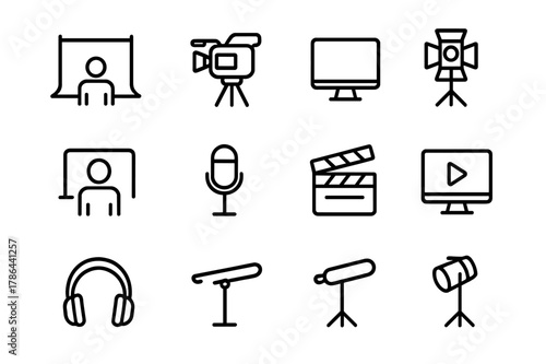Video Studio Icons. Video studio. Line outline icon set of video studio: green screen, camera, tripod, monitor