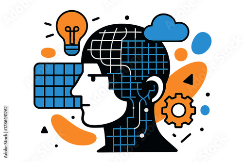 Futuristic Mind Interface. Futuristic cognition. A stylized interface of a human mind merging with abstract