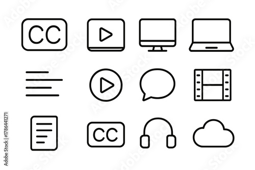 Captioned Content Icons. Captioned content. Line outline icon set of captioned content: closed captions icon,