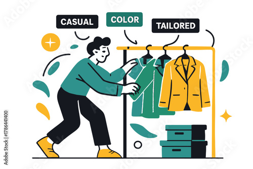 Organized Closet Transformation. Closet makeover. Individual arranging clothes by color and style; glowing