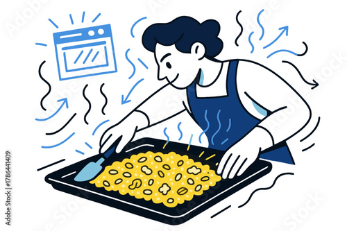 Glowing Granola Prep. Spreading on baking sheet. Glowing granola mixture being evenly spread, abstract