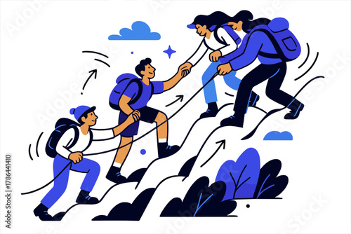 Adventure in Unity. Hiking group teamwork. Several hikers helping each other climb; rope connection and motion