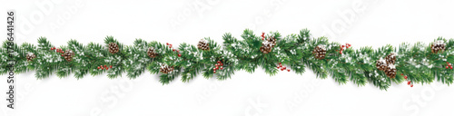 Horizontal Christmas garland with snowy fir branches, pine cones, and holly berries. Festive design for winter banners, cards, invitations, and seasonal posters. Transparent background in vector file