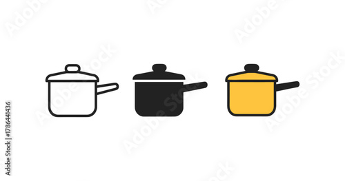 Minimalist cooking pots icons: black outline, solid, and colored versions