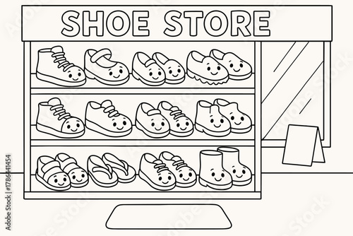 Friendly Shoe Store. Shoe store children?s coloring book illustration, outlined drawing, cartoon shop with