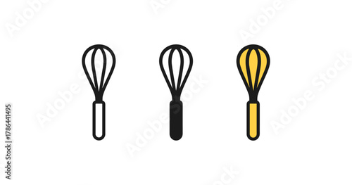 Whisk icons in minimalist style with variations in outline, solid, and color