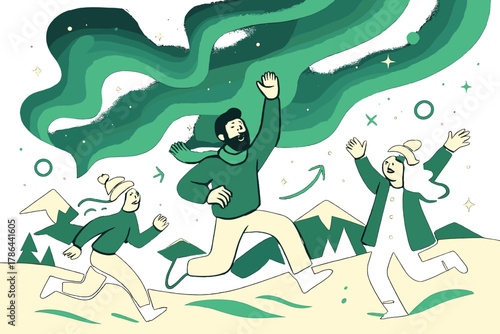 Aurora Over Snowy Peaks. Northern lights. Soft waves of green and blue aurora lighting up a snowy mountain