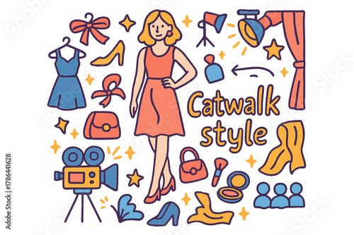 Catwalk Style Doodle. Catwalk style. Hand-drawn doodle illustration of catwalk style. Model, dress, heels,
