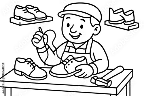 Cobbler Coloring Fun. Shoe maker children?s coloring book illustration, outlined drawing, friendly cobbler