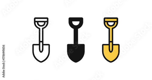 Minimalistic shovel icons in outline, solid, and flat styles on white background