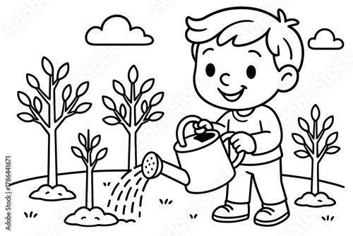 Child Watering Trees. Watering and nurturing children?s coloring book illustration, outlined drawing, smiling