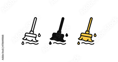 Set of colorful mop icons with water droplets for cleaning services