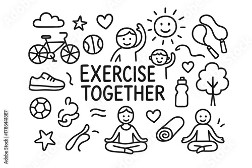 Exercise and Playfulness. Exercise Together. Hand-drawn doodle illustration of Exercise Together. parent icon,
