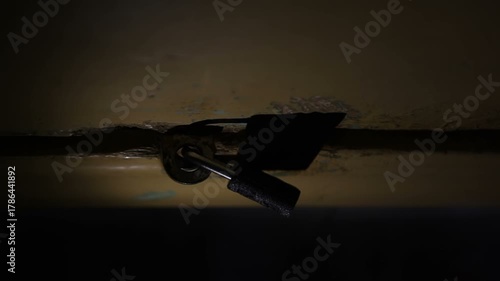 A criminal thief shines a flashlight on a warehouse door lock. Vertical video.