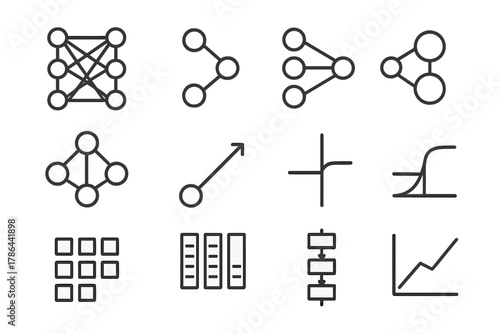 Neural Network Icons. Neural networks. Line outline icon set of neural networks: input layer, hidden layer,