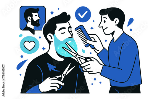 Stylish Beard Trimming. Beard grooming. A person trimming a glowing beard with scissors and comb, abstract