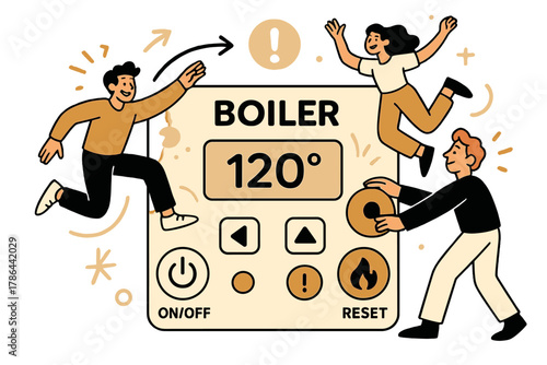 Modern Boiler Interface. Boiler control panel layout. Front view with labeled buttons, temperature display,
