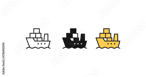 Minimalist container ship icons in trio of styles