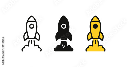 Rocket launch icons in minimalist linear style: innovations and exploration themes