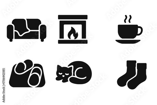 Cozy Home Icons. Cozy home moments. Filled icon set of cozy home moments: couch with blanket, lit fireplace,