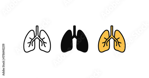 Minimalist lung icons set: outline, solid, and color filled designs