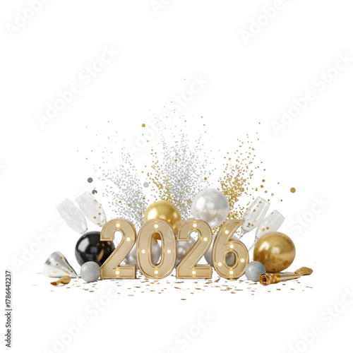 Happy New Year 2026: Golden Celebration with Balloons, Confetti, and Champagne Glasses