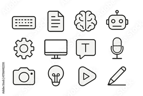 AI Icon Set. AI content creation. Line outline icon set of AI content creation: keyboard, document, brain,