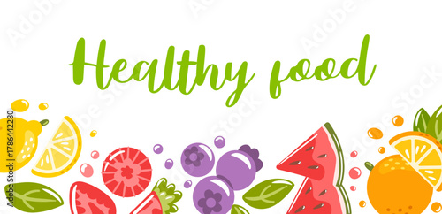 Healthy food. Horizontal banner with fruits a vibrant vector illustration featuring a long, diverse fruits in a flowing arrangement, bright colors, crisp lines, and balanced composition for banners.