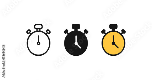 Minimalist stopwatch icons in black, white, and yellow variations