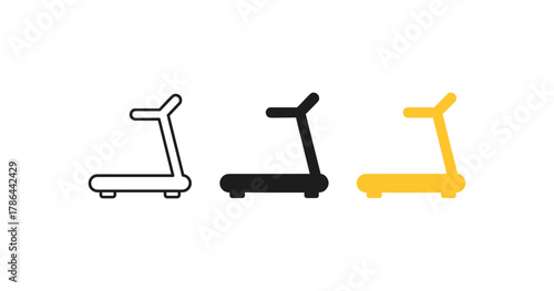 Minimalist treadmill icons in outline, solid, and color variations for fitness designs