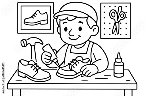 Cobbler Coloring Fun. Shoe maker children?s coloring book illustration, outlined drawing, friendly cobbler