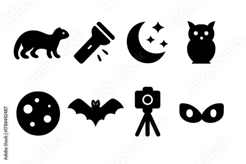 Night Wildlife Icons. Night wildlife photography. Filled icon set of night wildlife photography: nocturnal