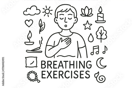 Breathing Doodles. Breathing Exercises. Hand-drawn doodle illustration of Breathing Exercises. In the middle,