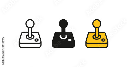 Retro joystick icons in minimalist style with three color variations