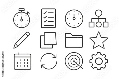 Black Productivity Icons. Productivity tools. Line outline icon set of productivity tools: stopwatch, task
