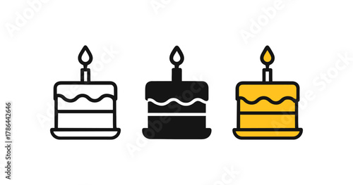 Minimalist birthday cake icons in line art style with bold colors and simple design