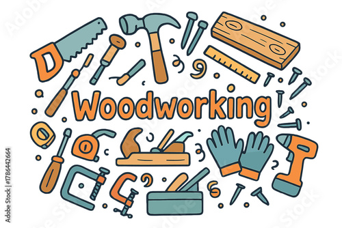 Woodworking Tools Doodle. Woodworking. Hand-drawn doodle illustration of woodworking. Saw, hammer, chisel,