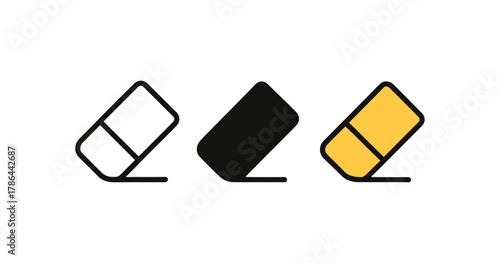 Minimalistic eraser icons in linear style with monochrome and yellow variants
