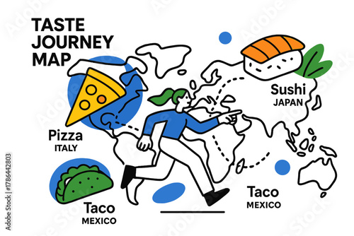 Culinary World Map. Taste journey map. A stylized world map made of food icons ? pizza slices for Italy, sushi