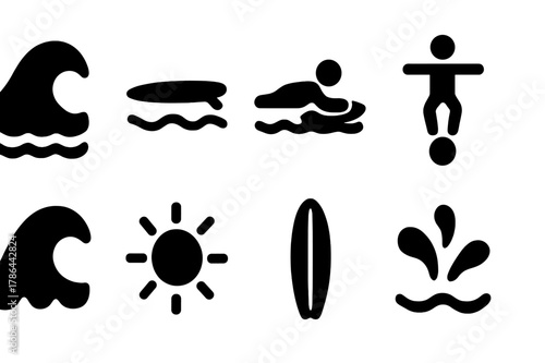 Surfboard Icons Set. Surfboard testing. Filled icon set of surfboard testing: ocean wave, surfboard on water,