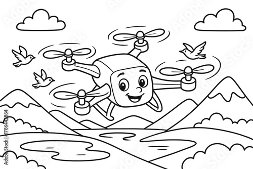 Drone Adventure Coloring. Flying adventure children?s coloring book illustration, outlined drawing, happy