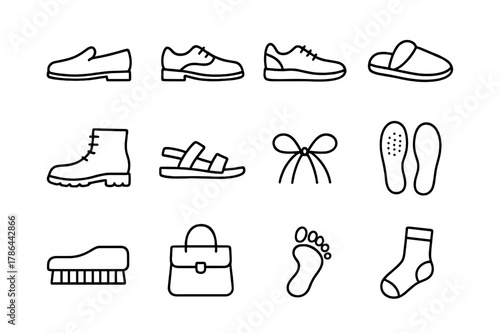 Work and Leisure Shoes. Work and leisure shoes. Line outline icon set of work and leisure shoes: loafers,
