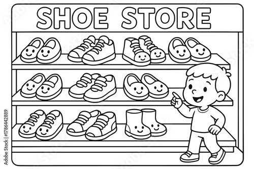 Smiling Shoes Coloring Page. Shoe store children?s coloring book illustration, outlined drawing, cartoon shop