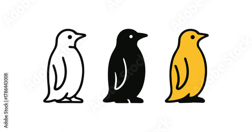 Minimalist penguin trio in monochrome and yellow