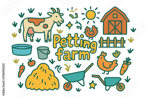 Whimsical Petting Farm Illustration. Petting farm. Hand-drawn doodle illustration of petting farm. Cow, goat,